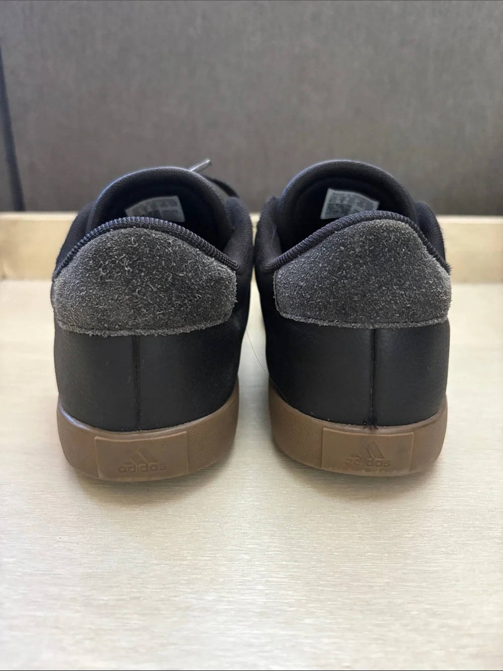 adidas Black Sneakers with White Stripes and Brown Gum Sole